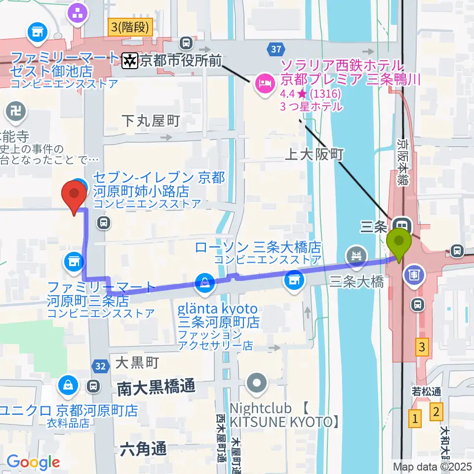 三条駅からBIGBOSS京都へのルートマップ地図