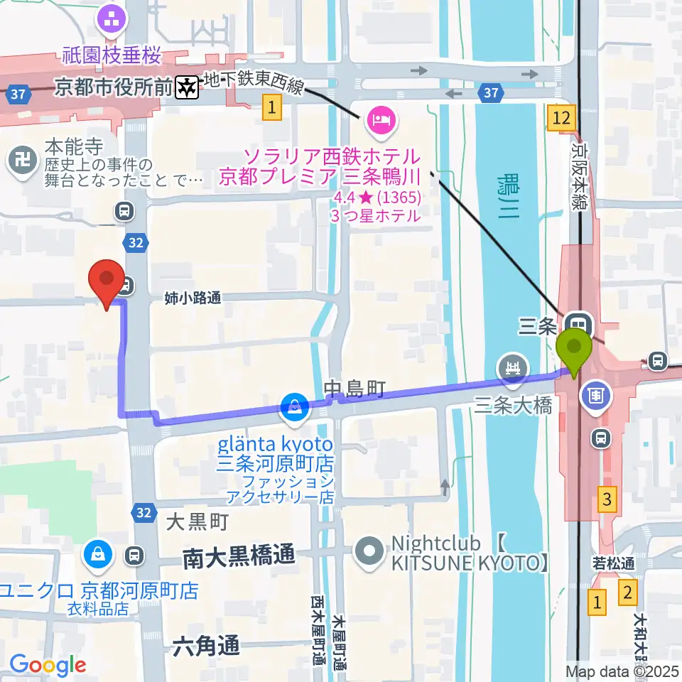 三条駅からBIGBOSS京都へのルートマップ地図