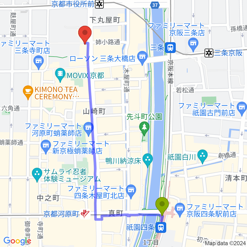 祇園四条駅からBIGBOSS京都へのルートマップ地図
