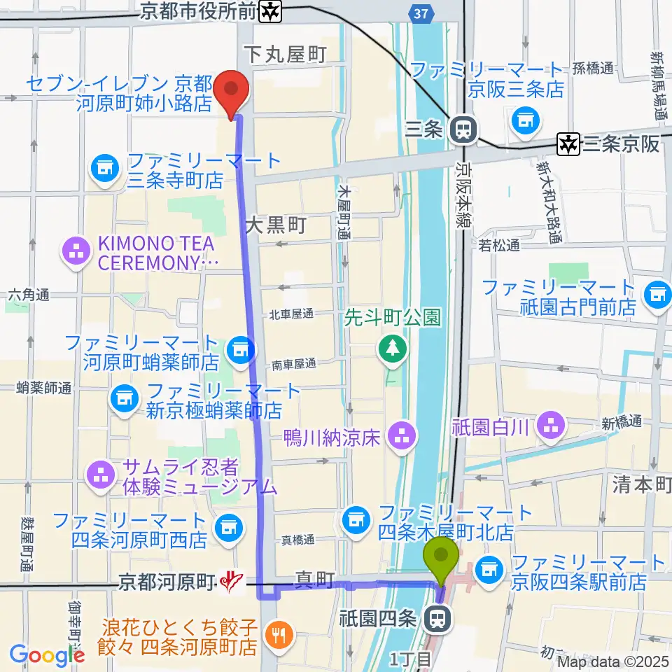 祇園四条駅からBIGBOSS京都へのルートマップ地図