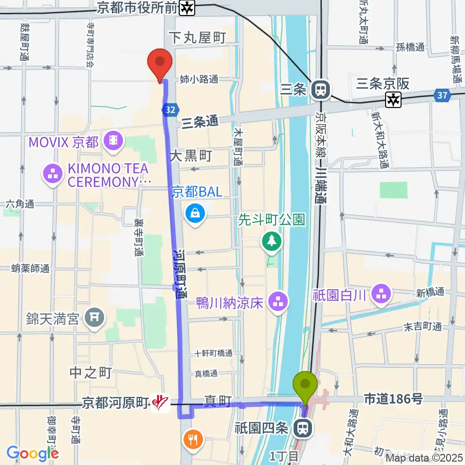 祇園四条駅からBIGBOSS京都へのルートマップ地図