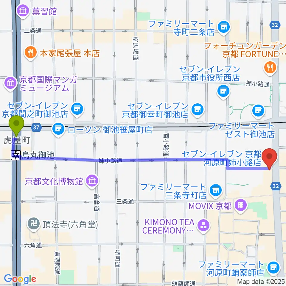 烏丸御池駅からBIGBOSS京都へのルートマップ地図