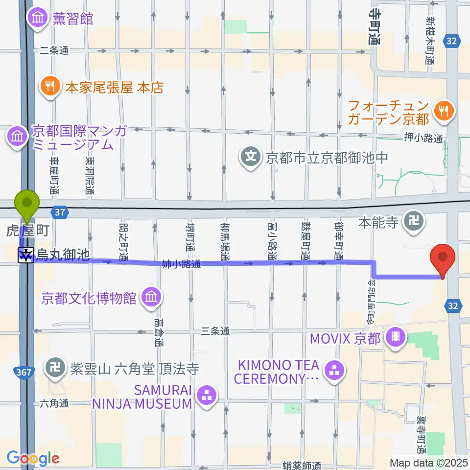 烏丸御池駅からBIGBOSS京都へのルートマップ地図