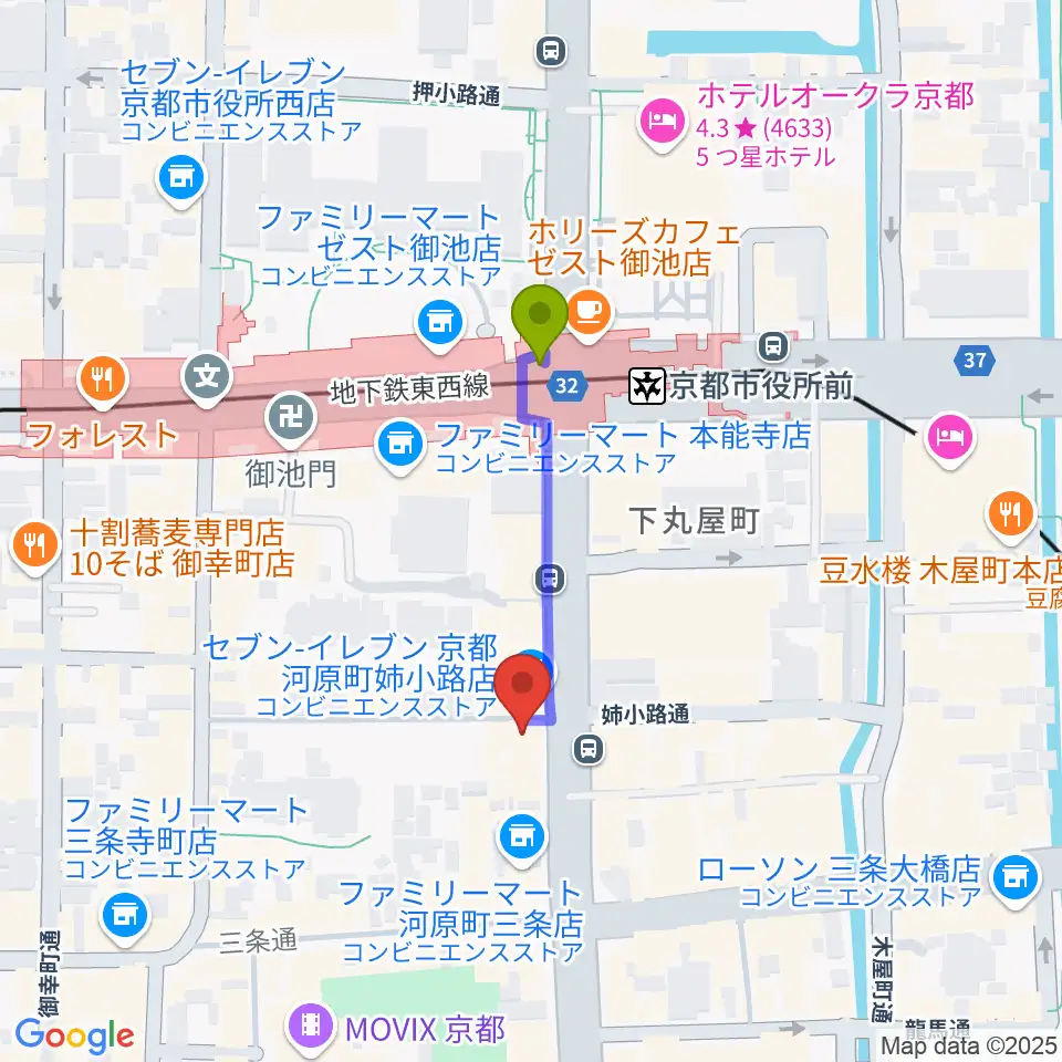 BIGBOSS京都の最寄駅京都市役所前駅からの徒歩ルート（約3分）地図