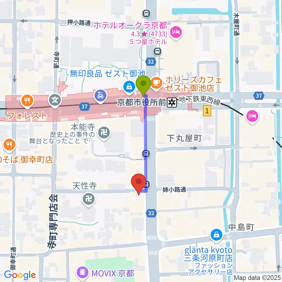 BIGBOSS京都の最寄駅京都市役所前駅からの徒歩ルート（約3分）地図
