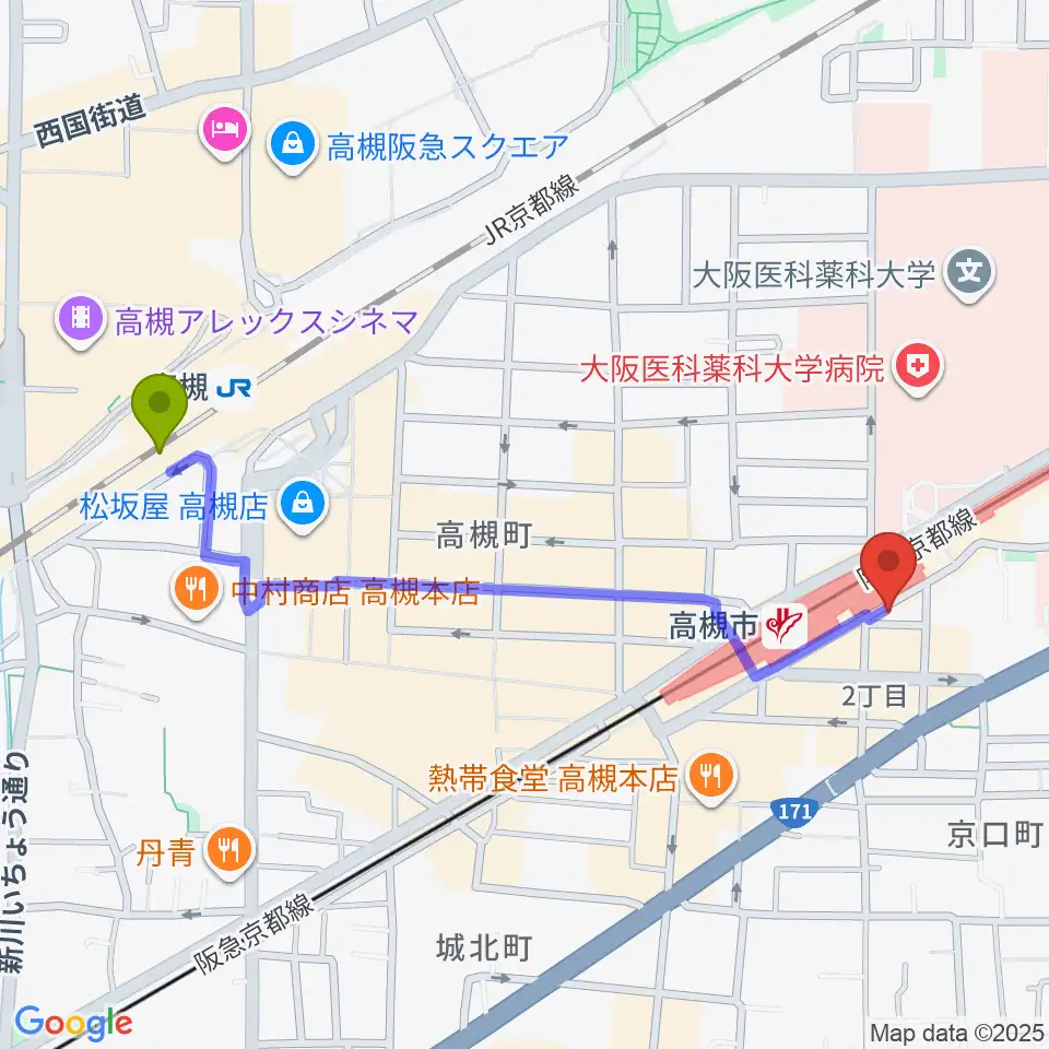 高槻駅からぽこあぽこ音楽教室へのルートマップ地図