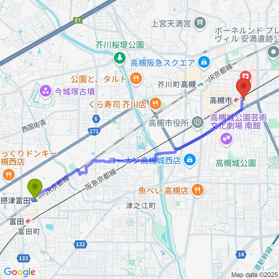 摂津富田駅からぽこあぽこ音楽教室へのルートマップ地図