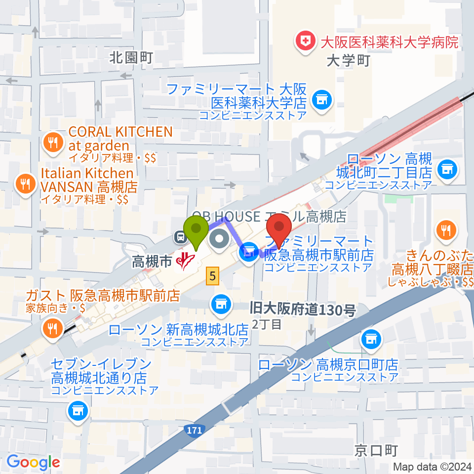 ぽこあぽこ音楽教室の最寄駅高槻市駅からの徒歩ルート（約1分）地図