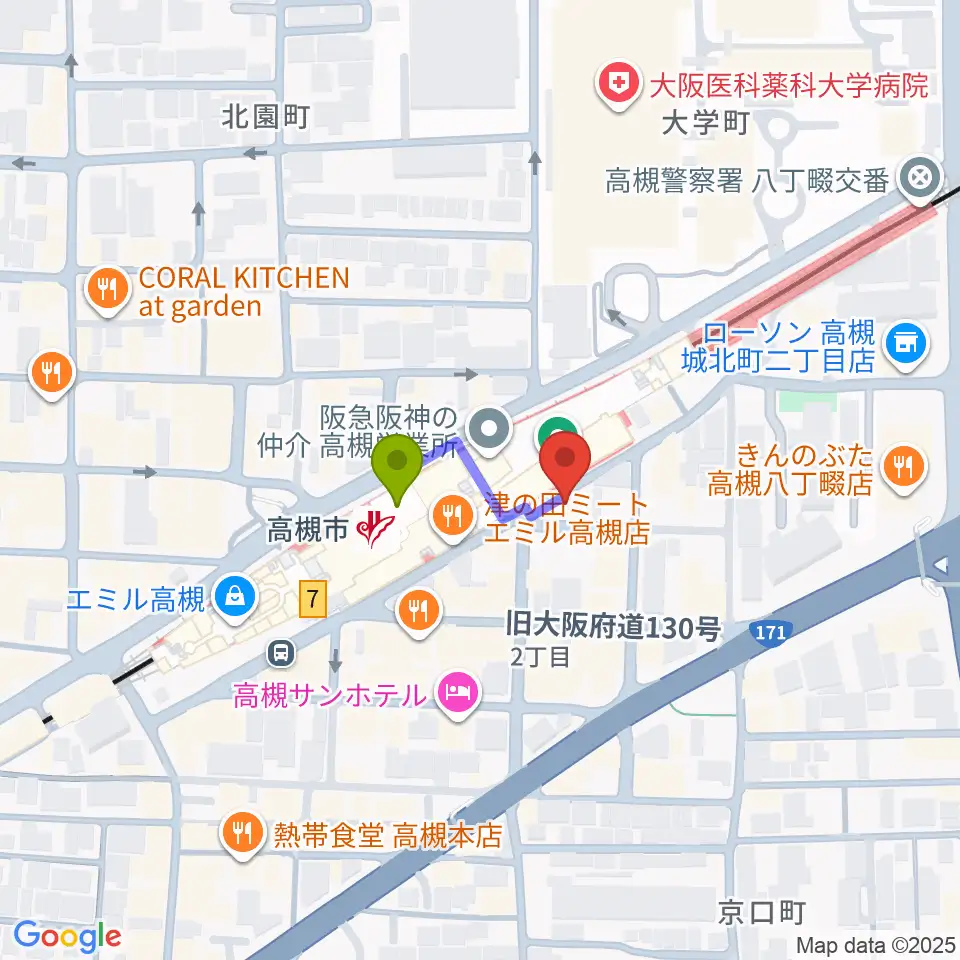 ぽこあぽこ音楽教室の最寄駅高槻市駅からの徒歩ルート（約1分）地図