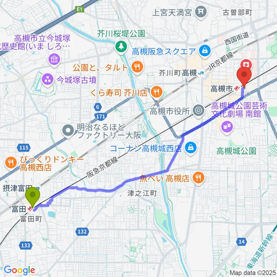 富田駅からぽこあぽこ音楽教室へのルートマップ地図