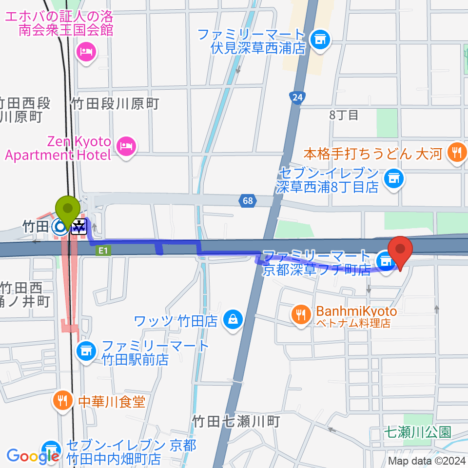 竹田駅からイースト・ビレッジ・ギターズへのルートマップ地図