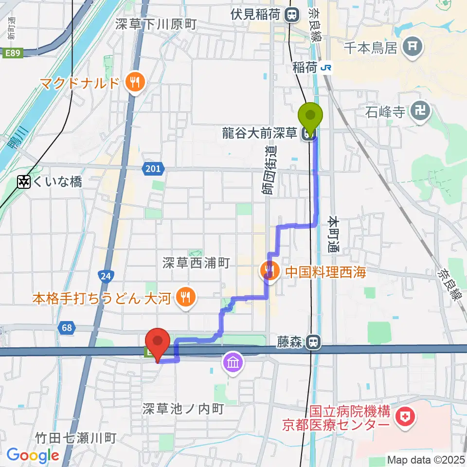 龍谷大前深草駅からイーストビレッジギターズへのルートマップ地図