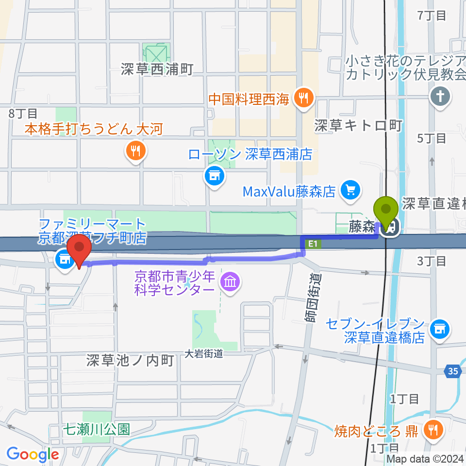 イースト・ビレッジ・ギターズの最寄駅藤森駅からの徒歩ルート（約10分）地図