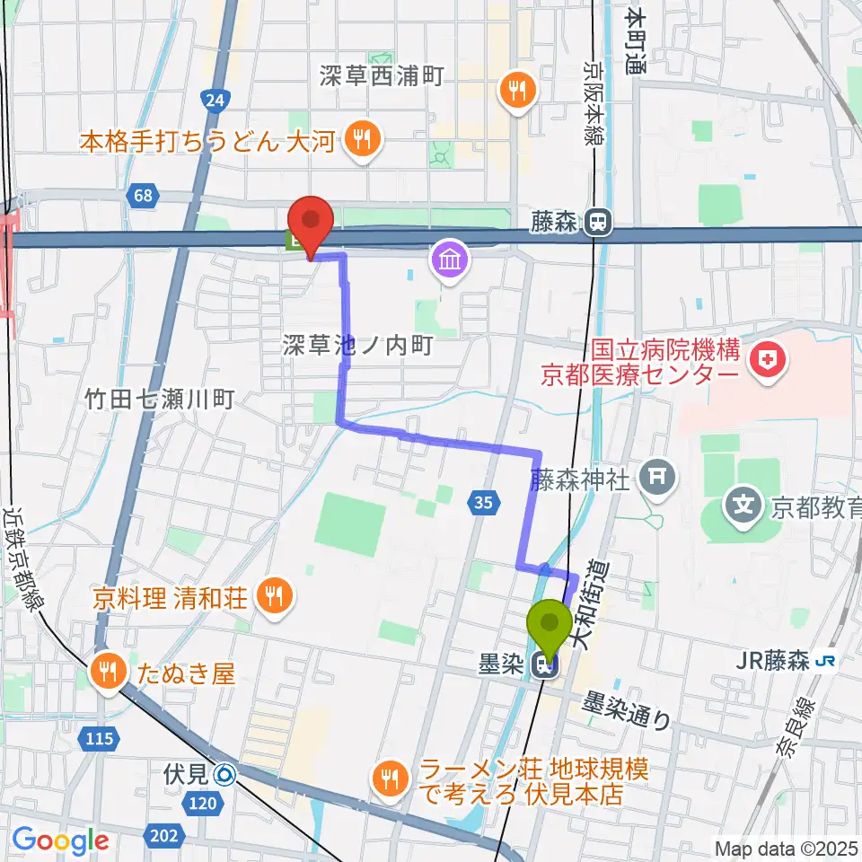 墨染駅からイーストビレッジギターズへのルートマップ地図