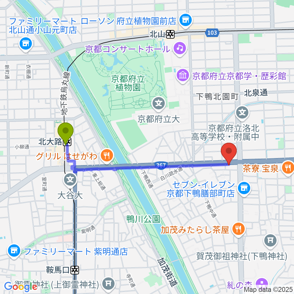 北大路駅から月光堂楽器店 音楽教室へのルートマップ地図