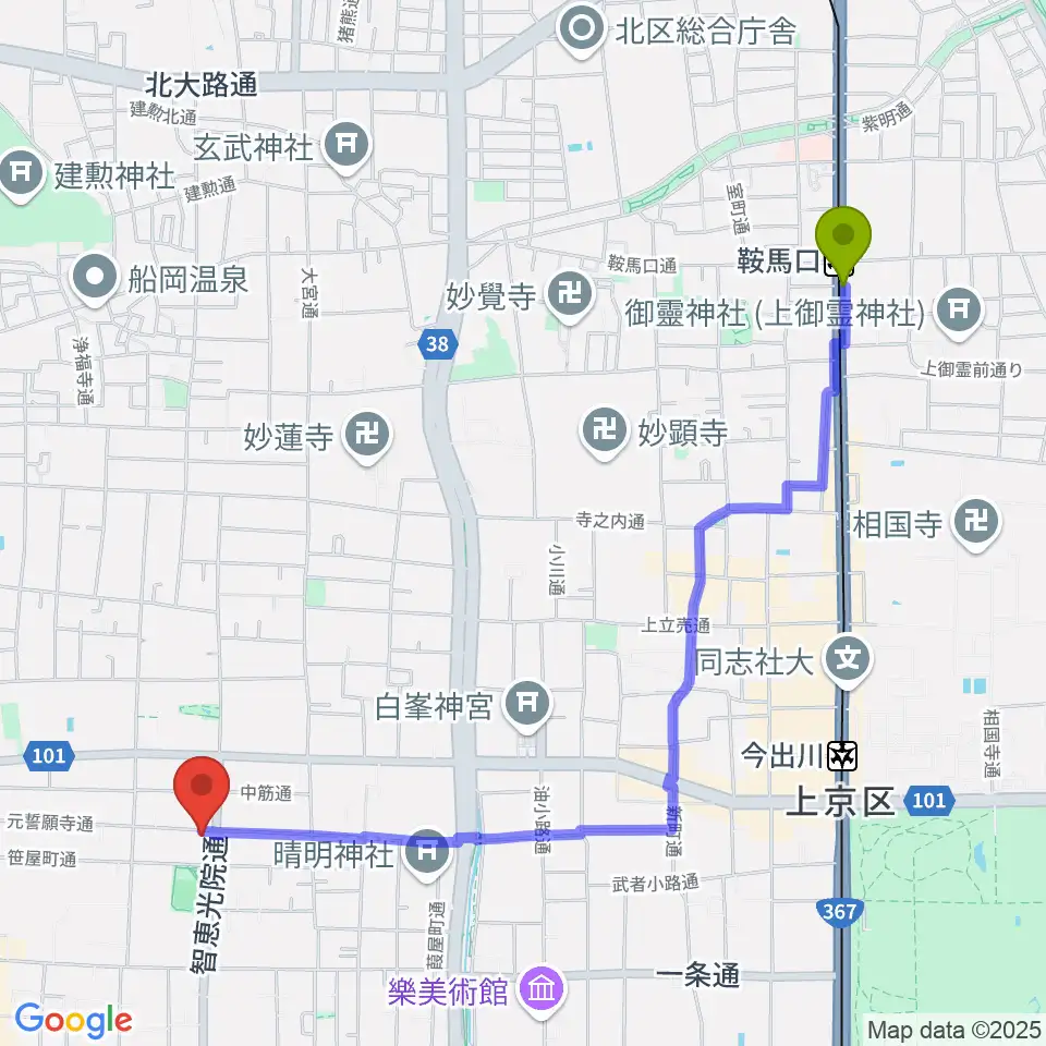 鞍馬口駅からアサノ楽器へのルートマップ地図