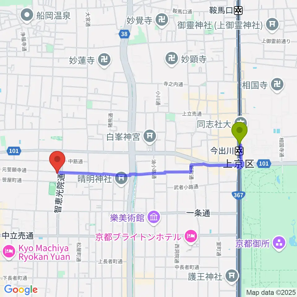 アサノ楽器の最寄駅今出川駅からの徒歩ルート（約19分）地図