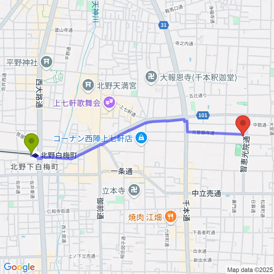 北野白梅町駅からアサノ楽器へのルートマップ地図