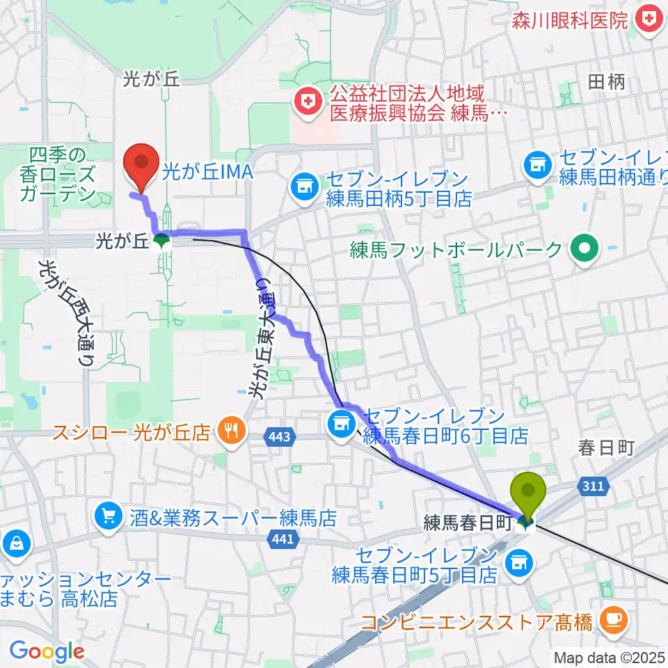 練馬春日町駅からIMAホールへのルートマップ地図