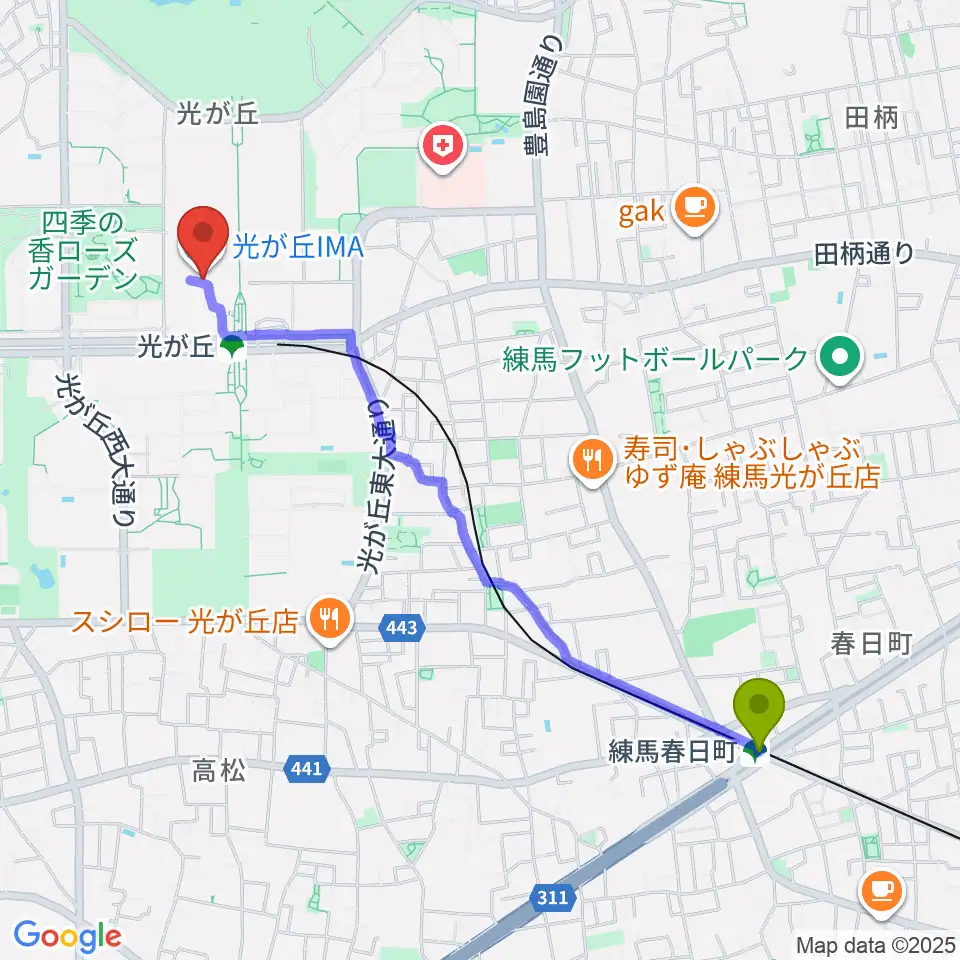 練馬春日町駅からIMAホールへのルートマップ地図