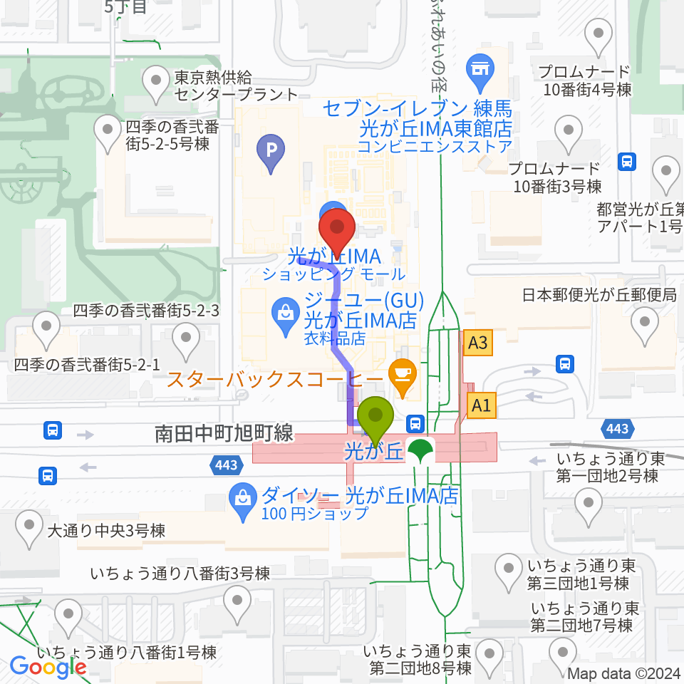 IMAホールの最寄駅光が丘駅からの徒歩ルート（約2分）地図