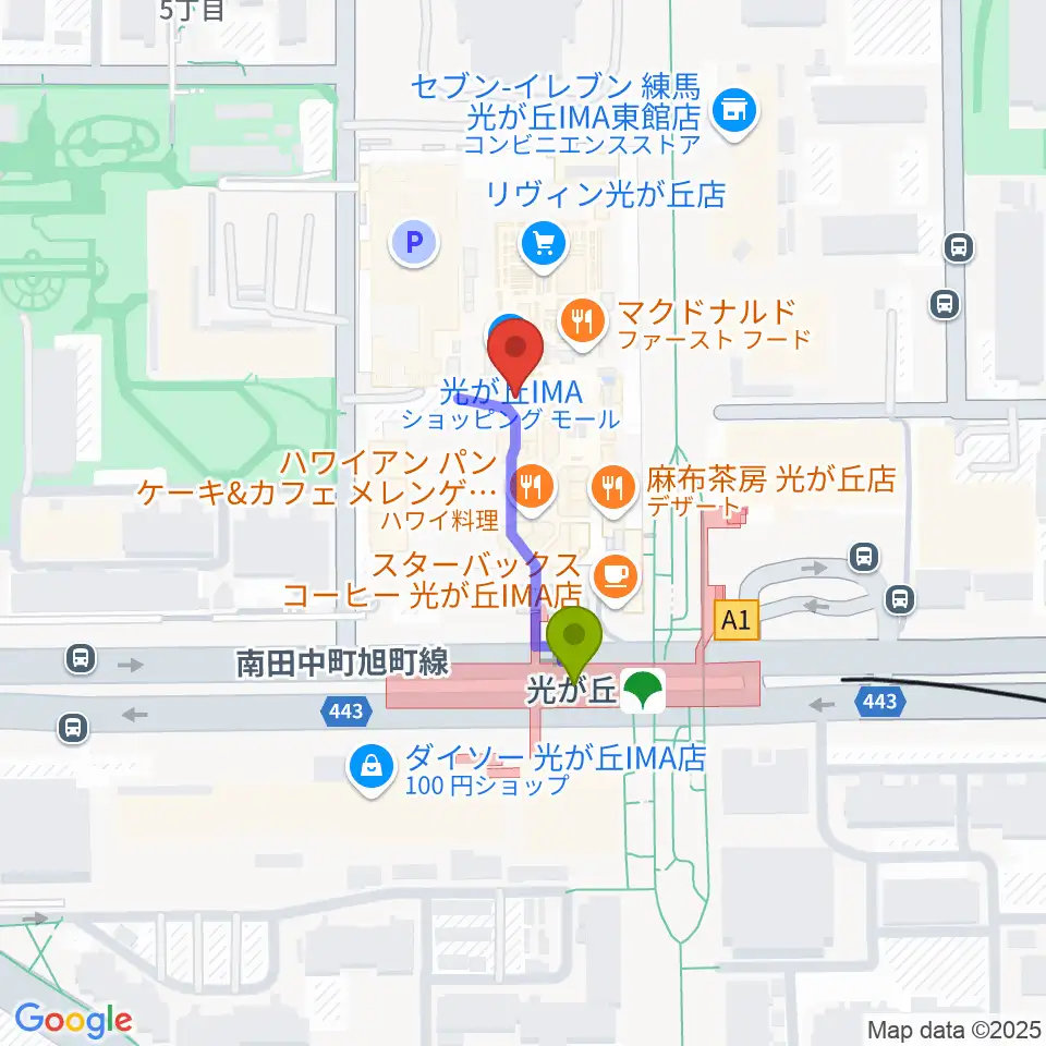 IMAホールの最寄駅光が丘駅からの徒歩ルート（約2分）地図