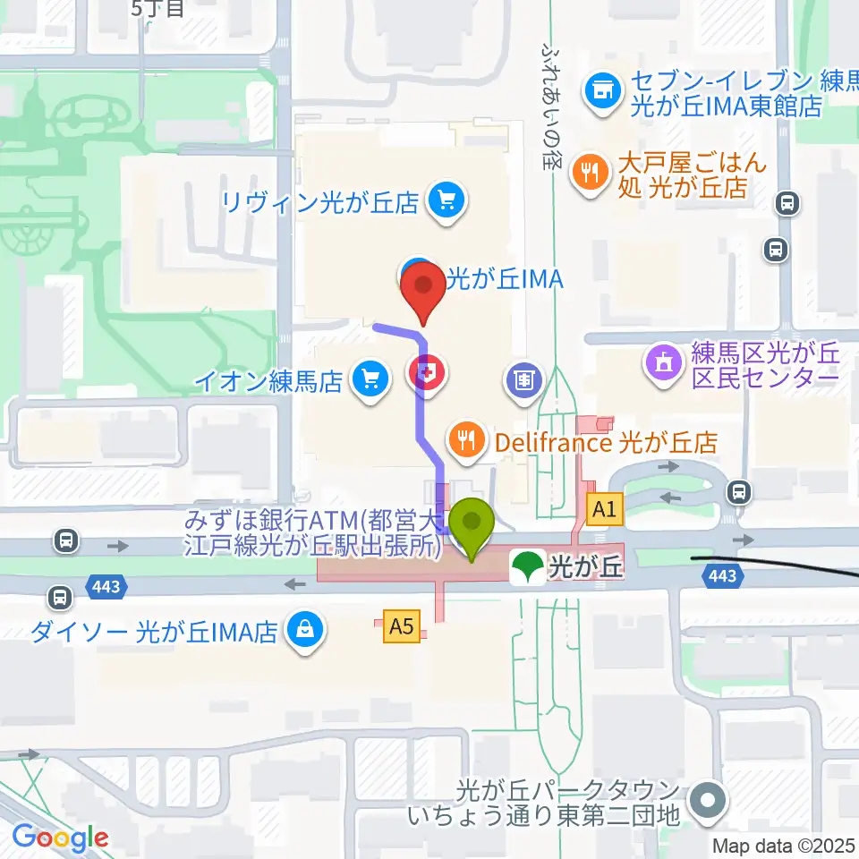 IMAホールの最寄駅光が丘駅からの徒歩ルート（約2分）地図