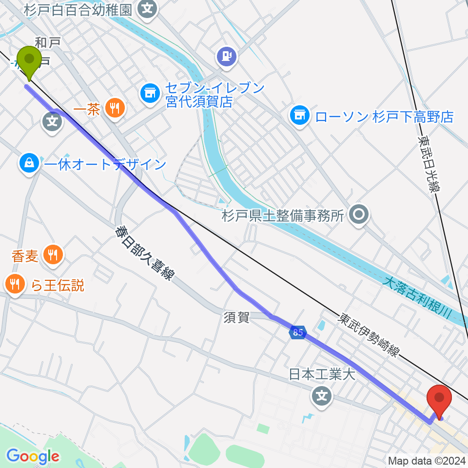 和戸駅からCHICOピアノ教室へのルートマップ地図