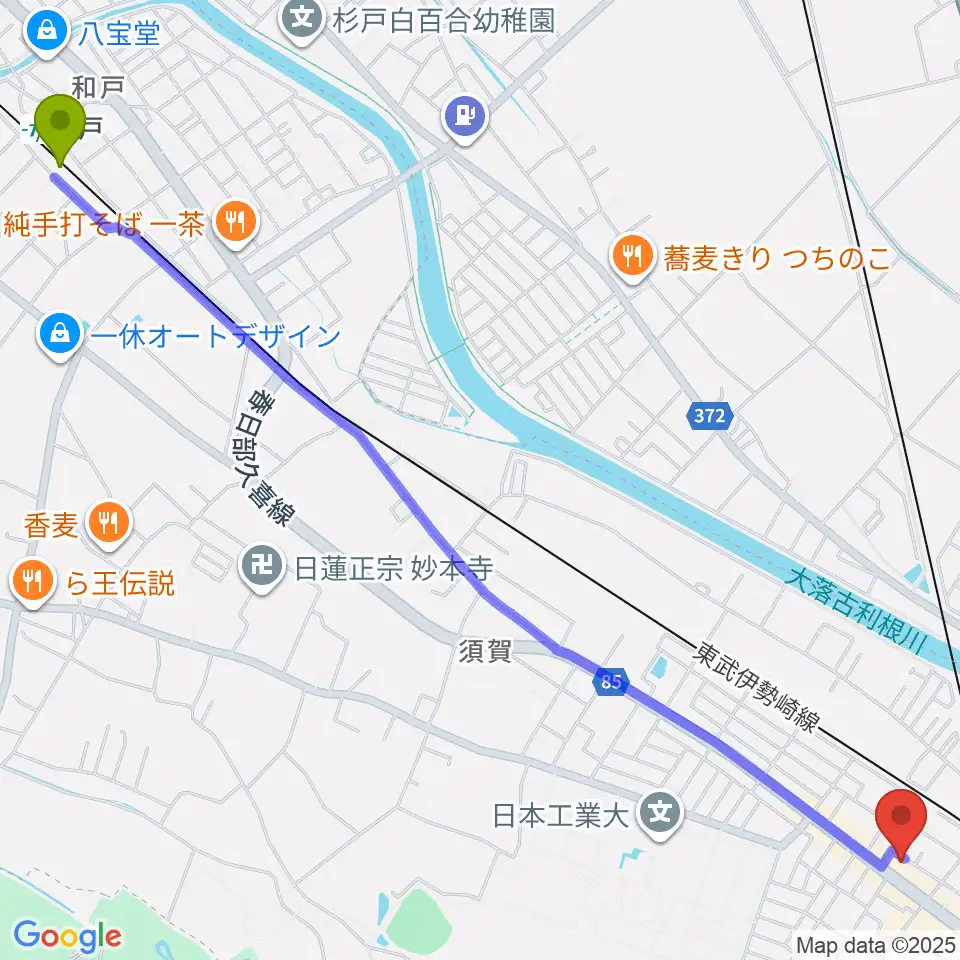 和戸駅からCHICOピアノ教室へのルートマップ地図