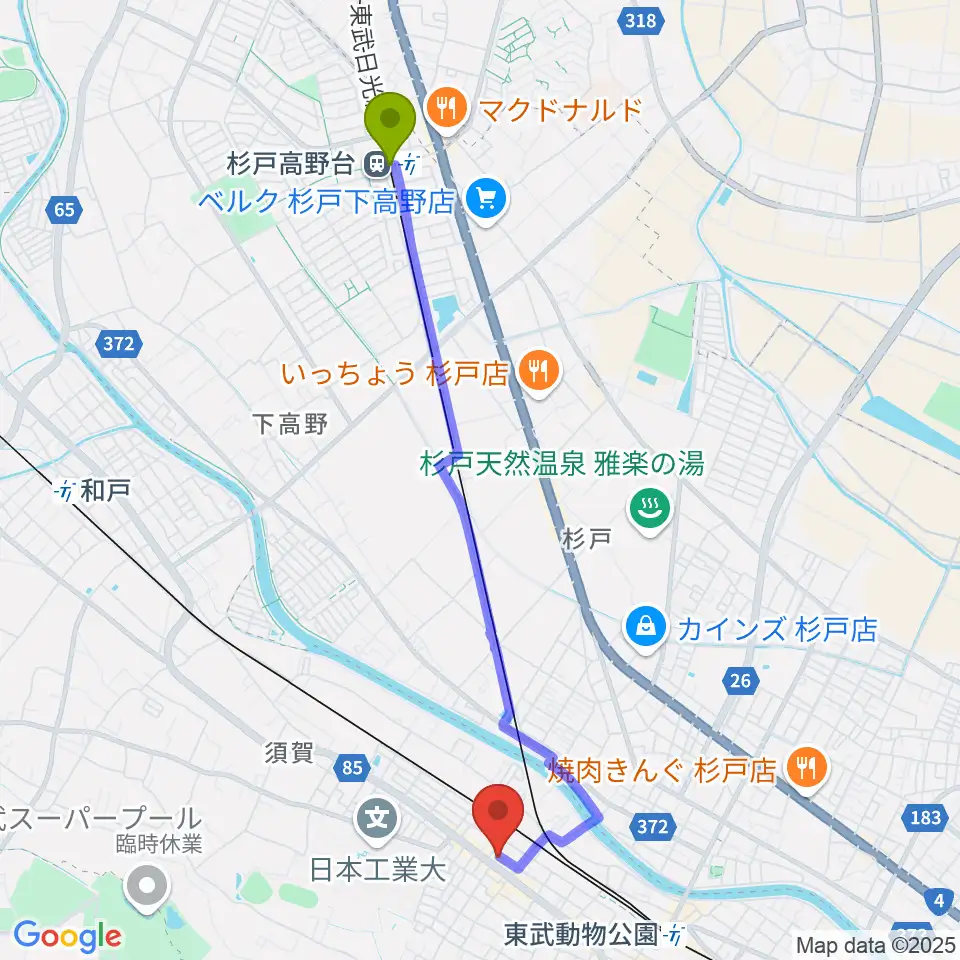 杉戸高野台駅からCHICOピアノ教室へのルートマップ地図