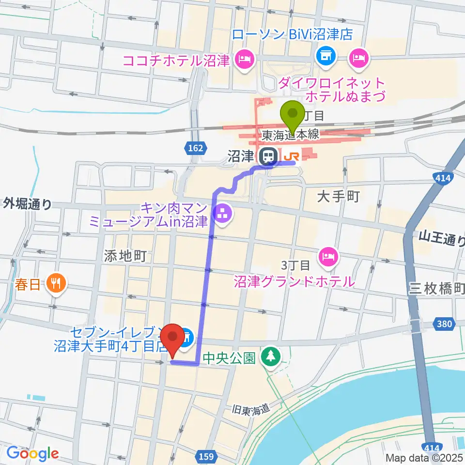 タンザワ楽器 沼津センターの最寄駅沼津駅からの徒歩ルート（約8分）地図