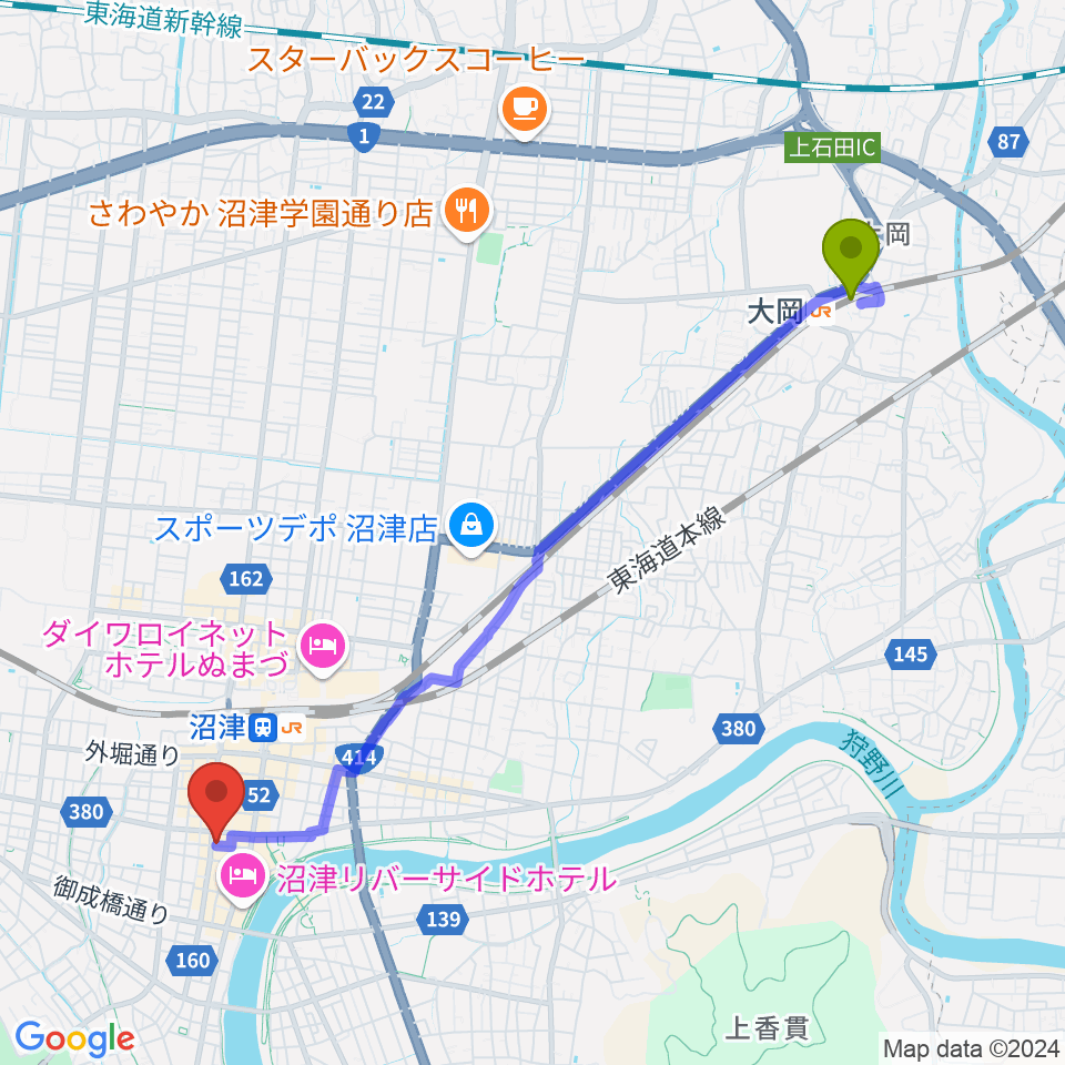 大岡駅からタンザワ楽器 沼津センターへのルートマップ地図