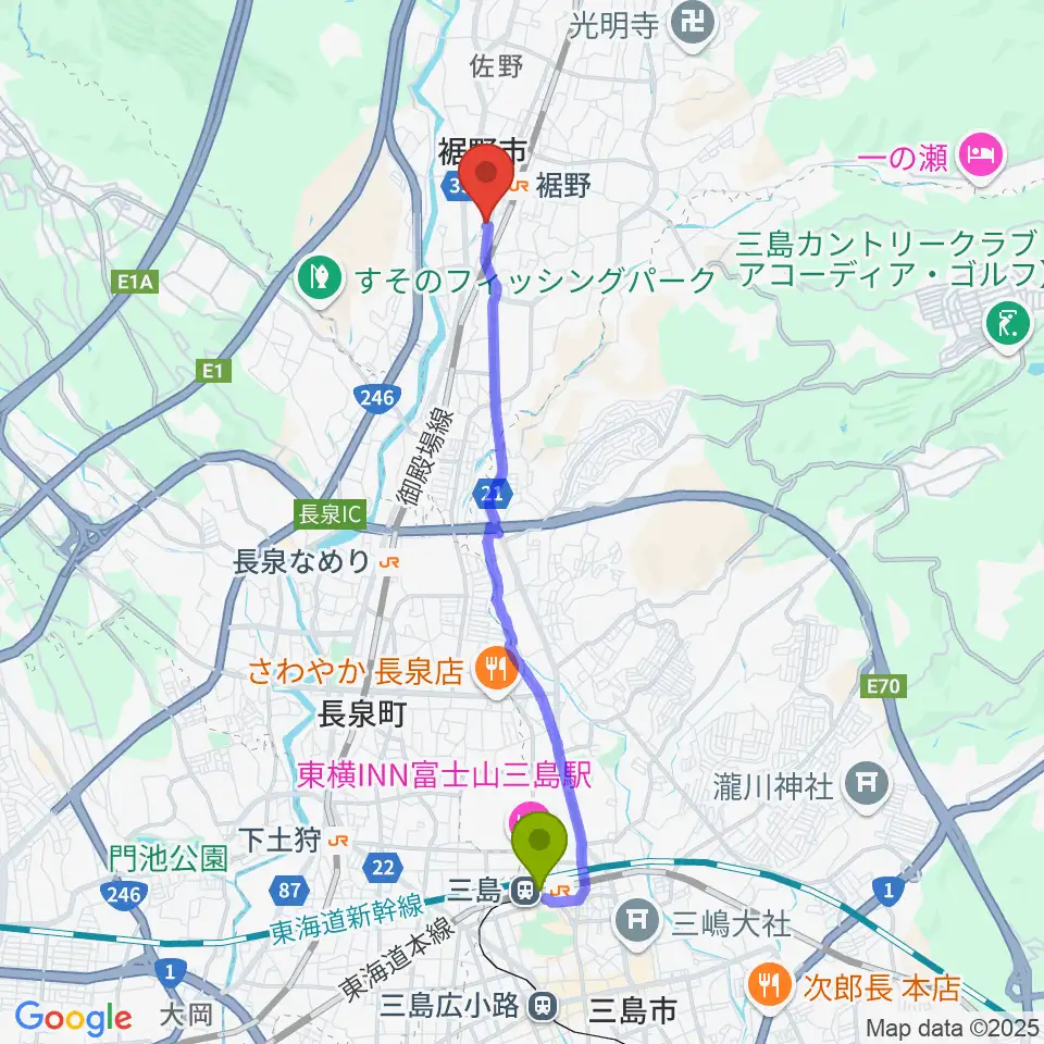 三島駅からタンザワ楽器 裾野ミュージックセンターへのルートマップ地図