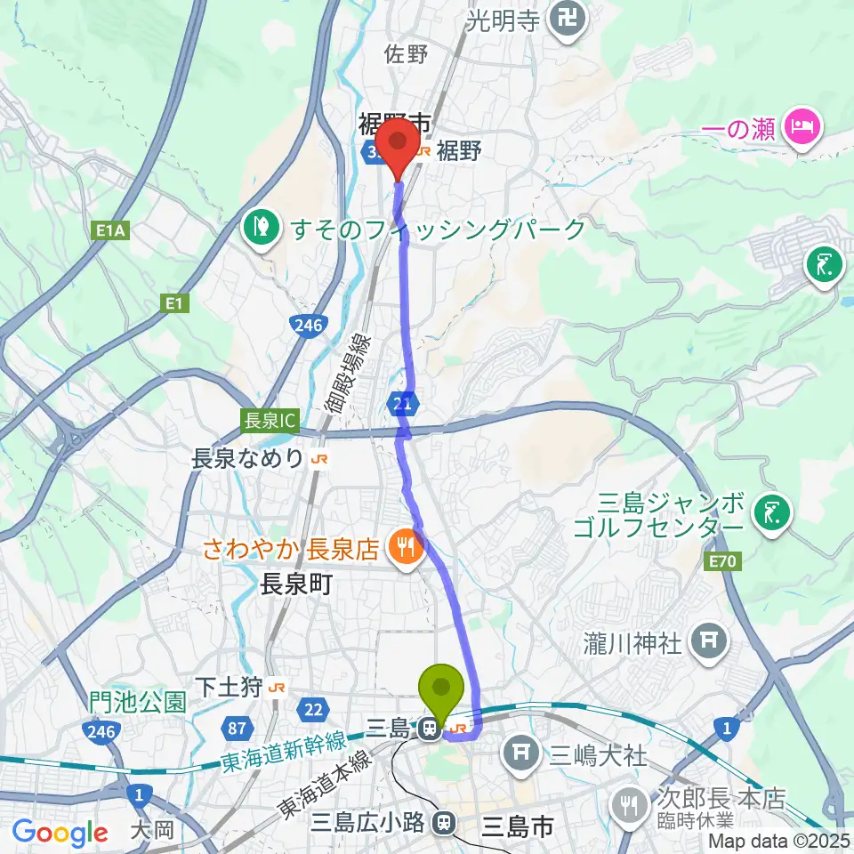 三島駅からタンザワ楽器 裾野ミュージックセンターへのルートマップ地図