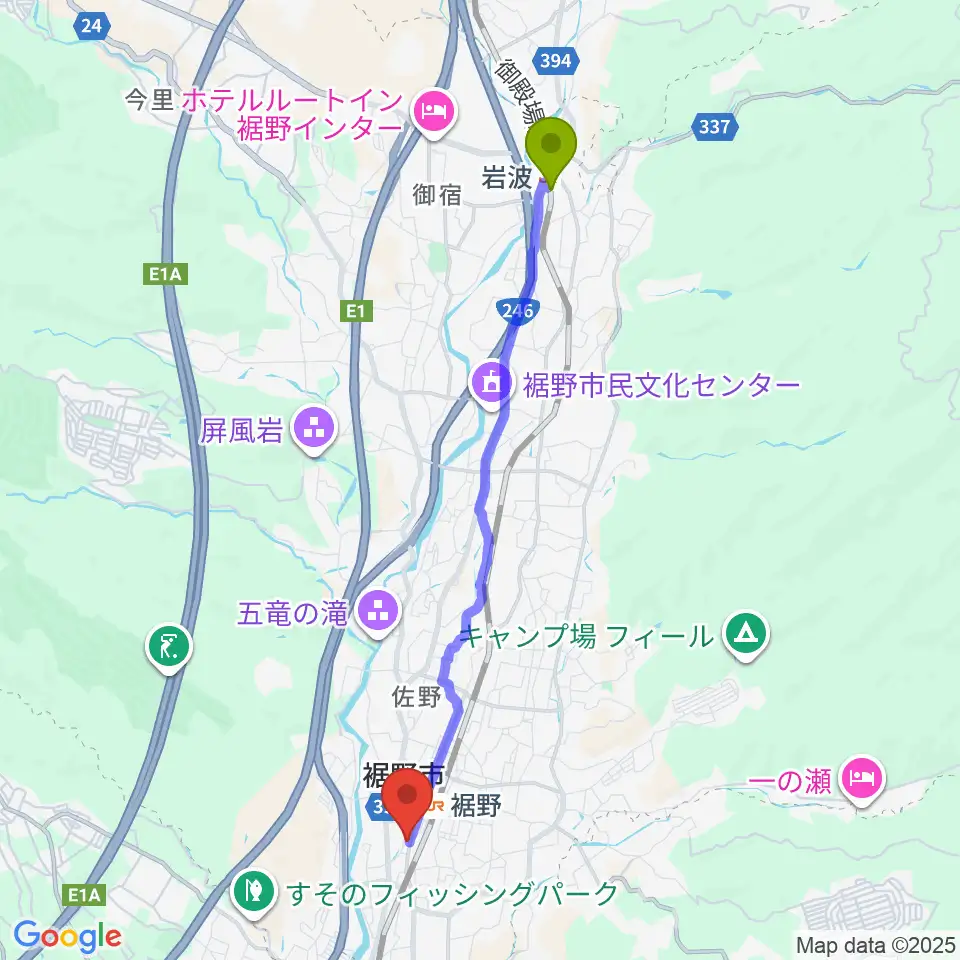 岩波駅からタンザワ楽器 裾野ミュージックセンターへのルートマップ地図