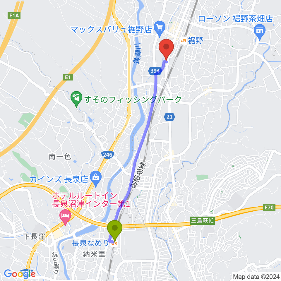 長泉なめり駅からタンザワ楽器 裾野ミュージックセンターへのルートマップ地図