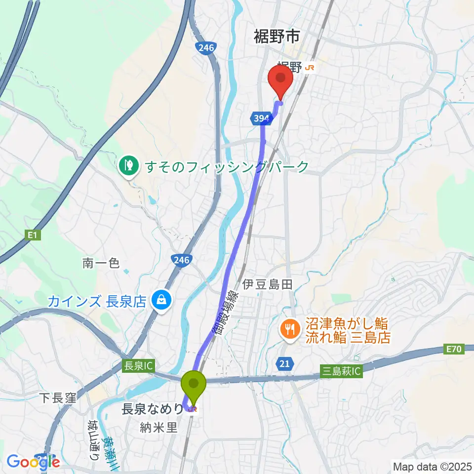 長泉なめり駅からタンザワ楽器 裾野ミュージックセンターへのルートマップ地図