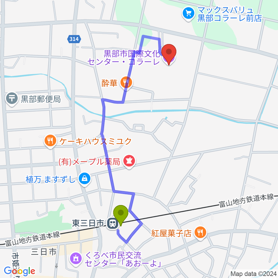 黒部市国際文化センター コラーレの最寄駅東三日市駅からの徒歩ルート（約9分）地図