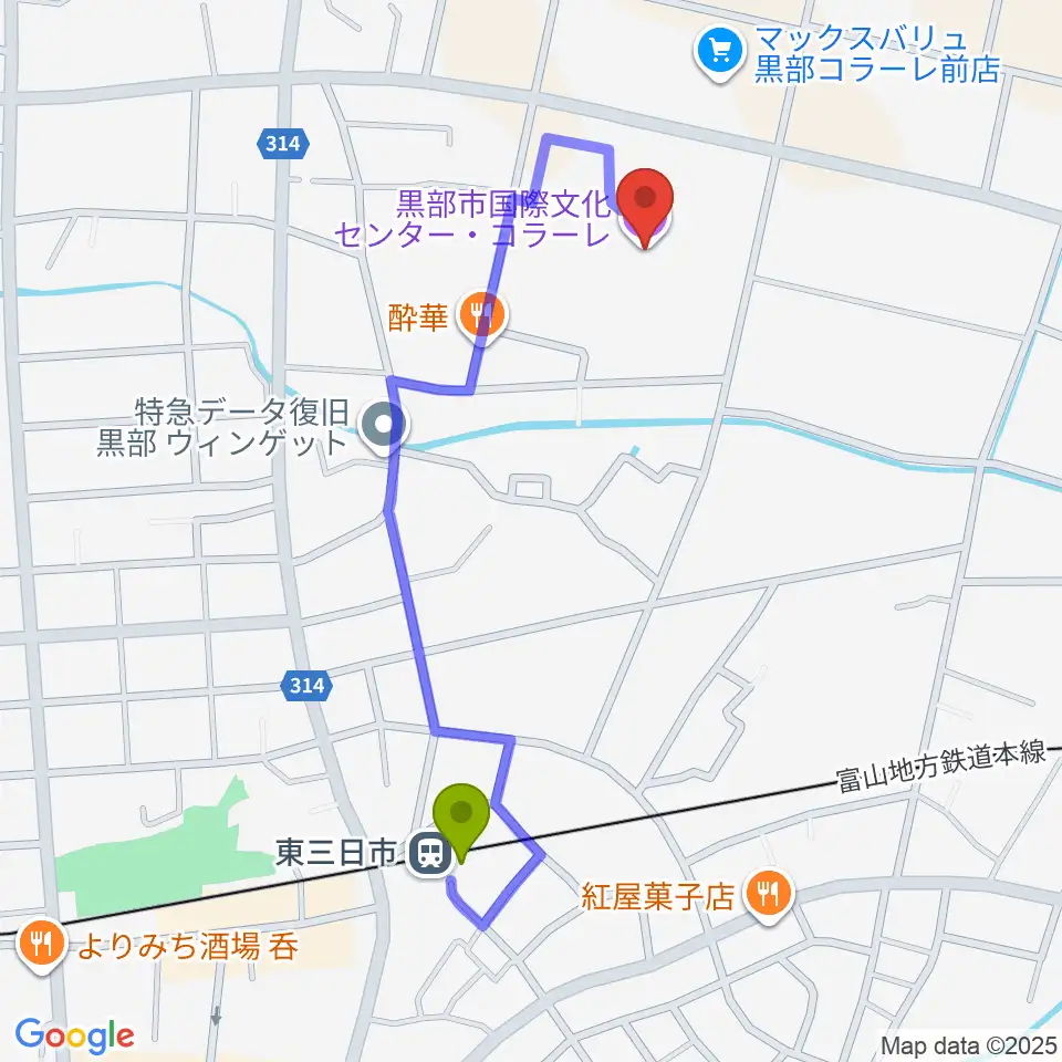 黒部市国際文化センター コラーレの最寄駅東三日市駅からの徒歩ルート（約9分）地図