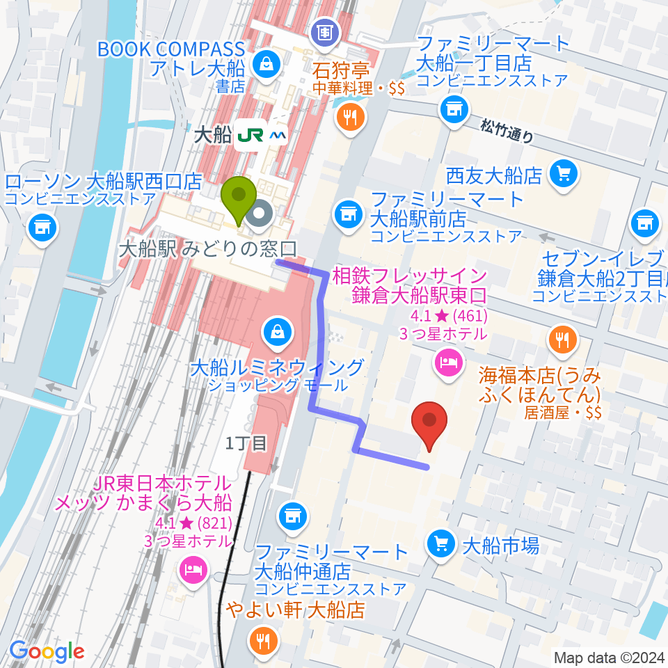 大船ハニービーの最寄駅大船駅からの徒歩ルート（約3分）地図