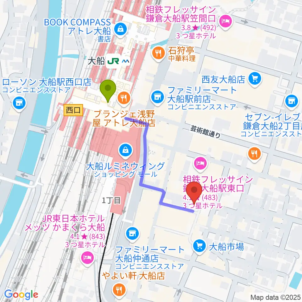 大船ハニービーの最寄駅大船駅からの徒歩ルート（約3分）地図