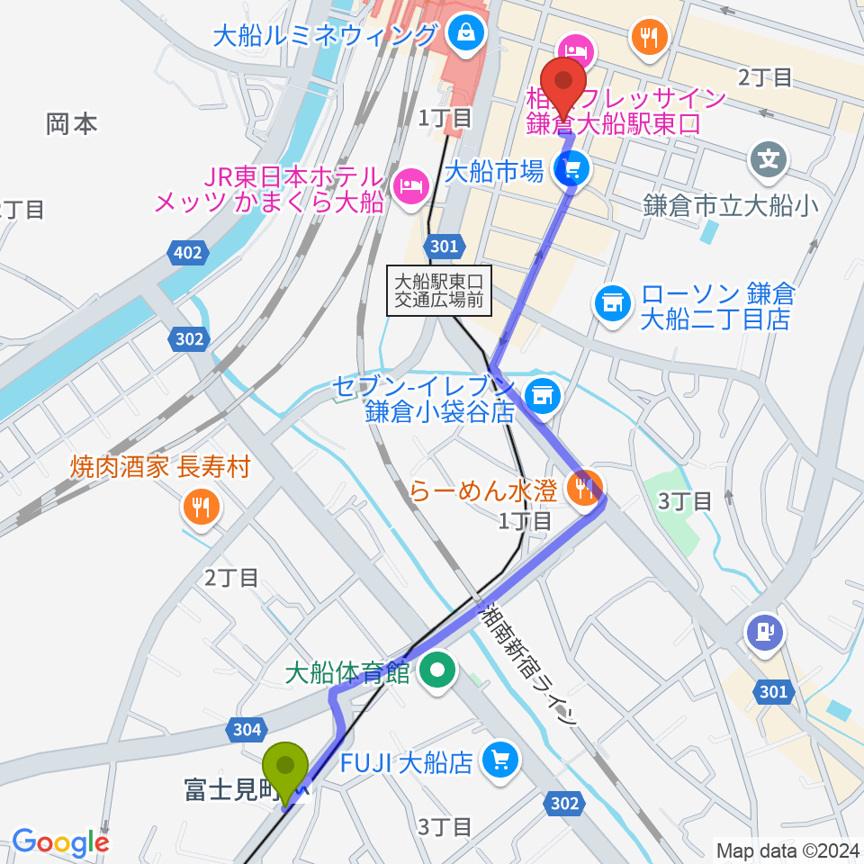 富士見町駅から大船ハニービーへのルートマップ地図