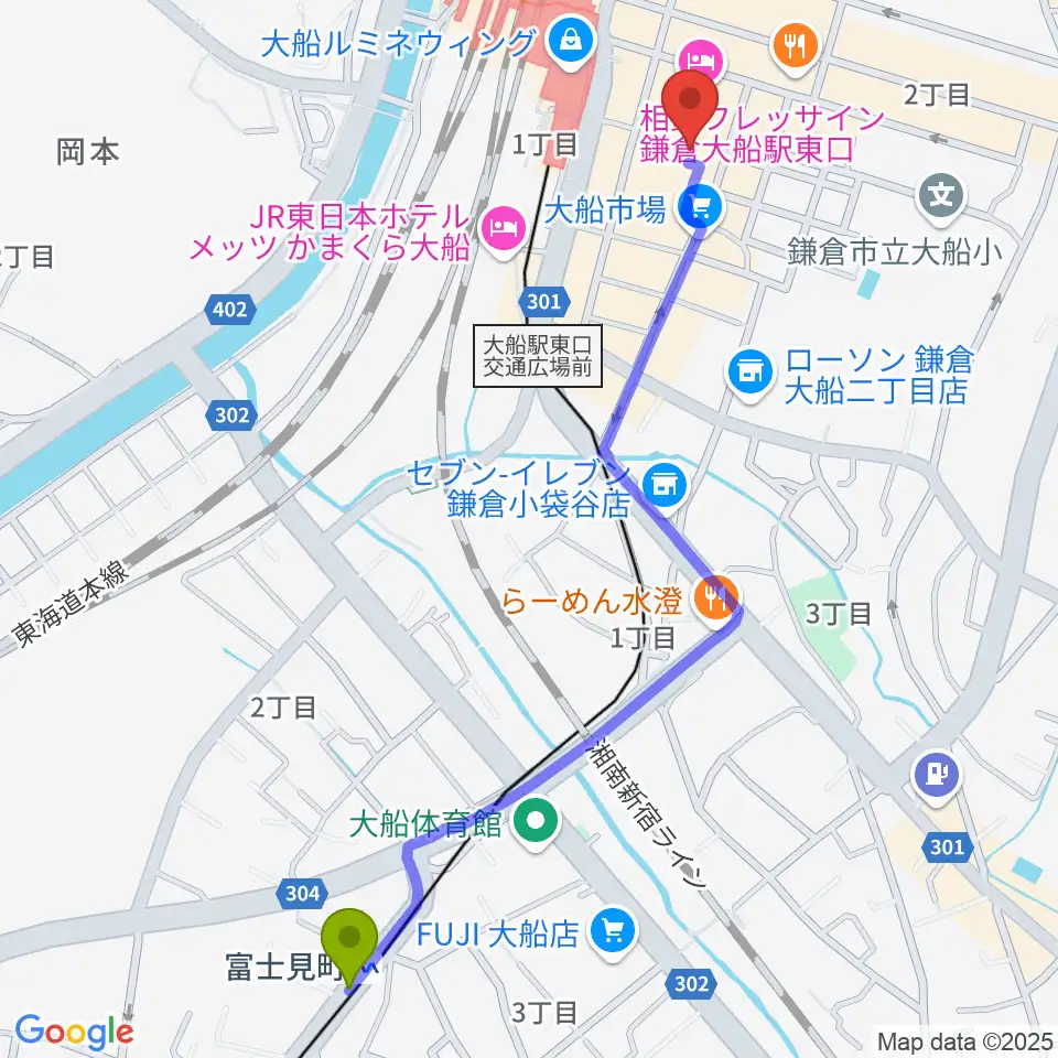 富士見町駅から大船ハニービーへのルートマップ地図