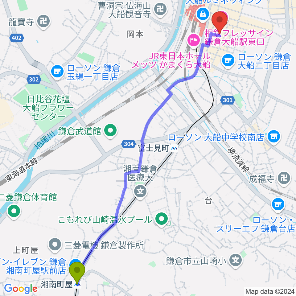 湘南町屋駅から大船ハニービーへのルートマップ地図