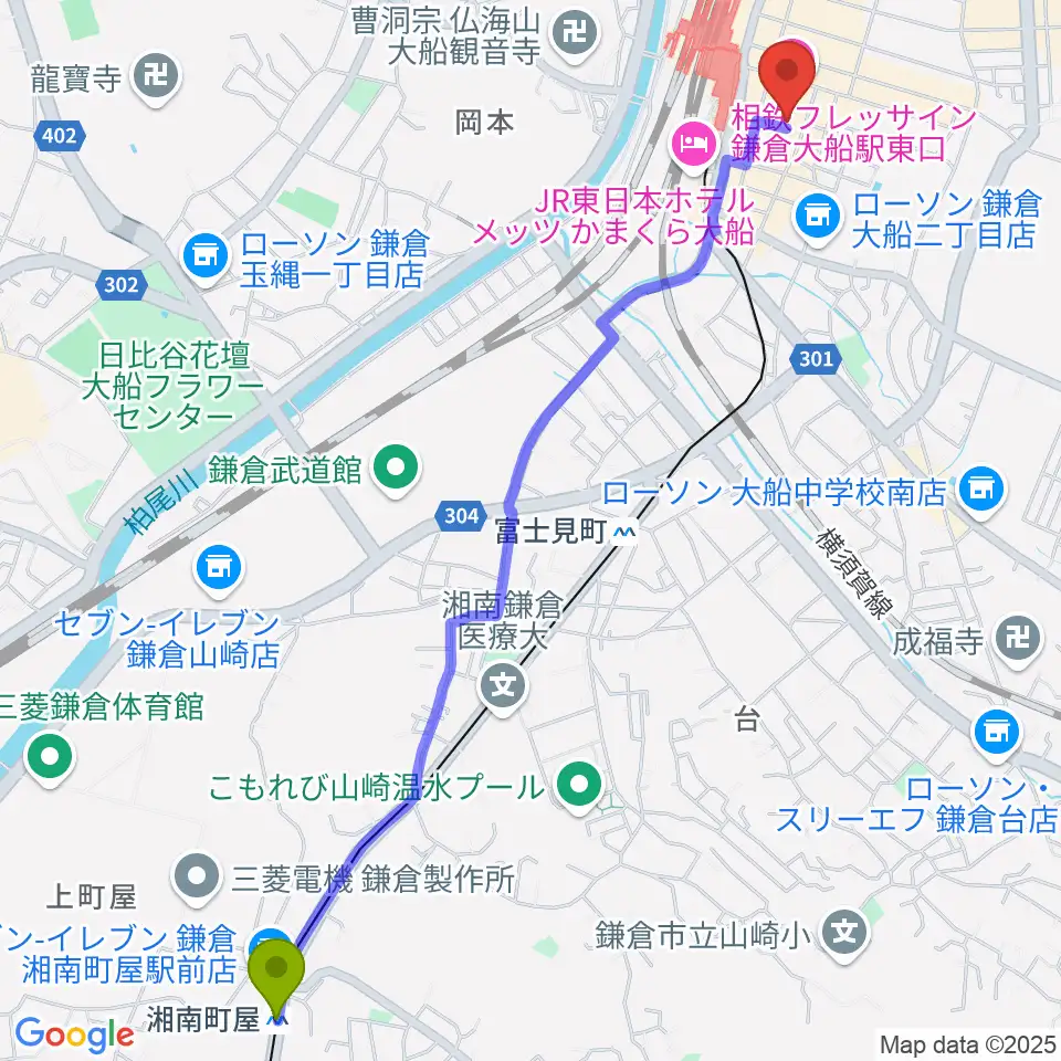 湘南町屋駅から大船ハニービーへのルートマップ地図