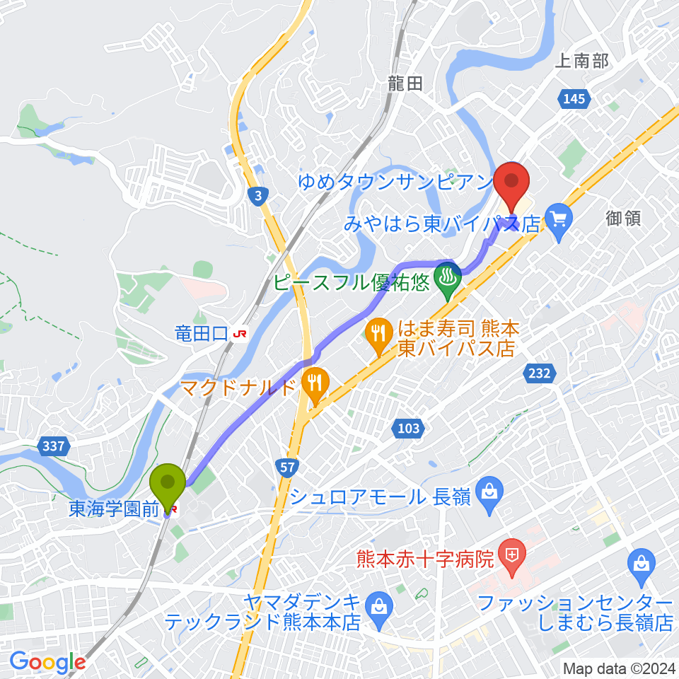 東海学園前駅から大谷楽器店 サンピアン教室へのルートマップ地図