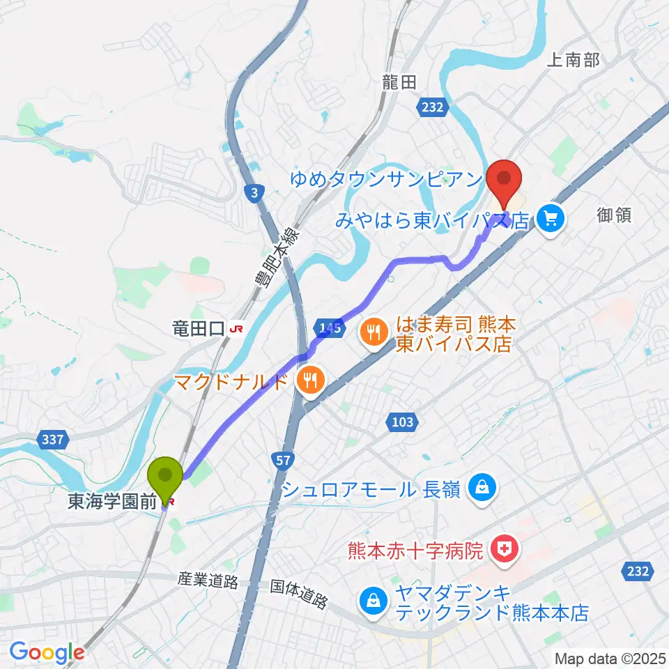 東海学園前駅から大谷楽器店 サンピアン教室へのルートマップ地図