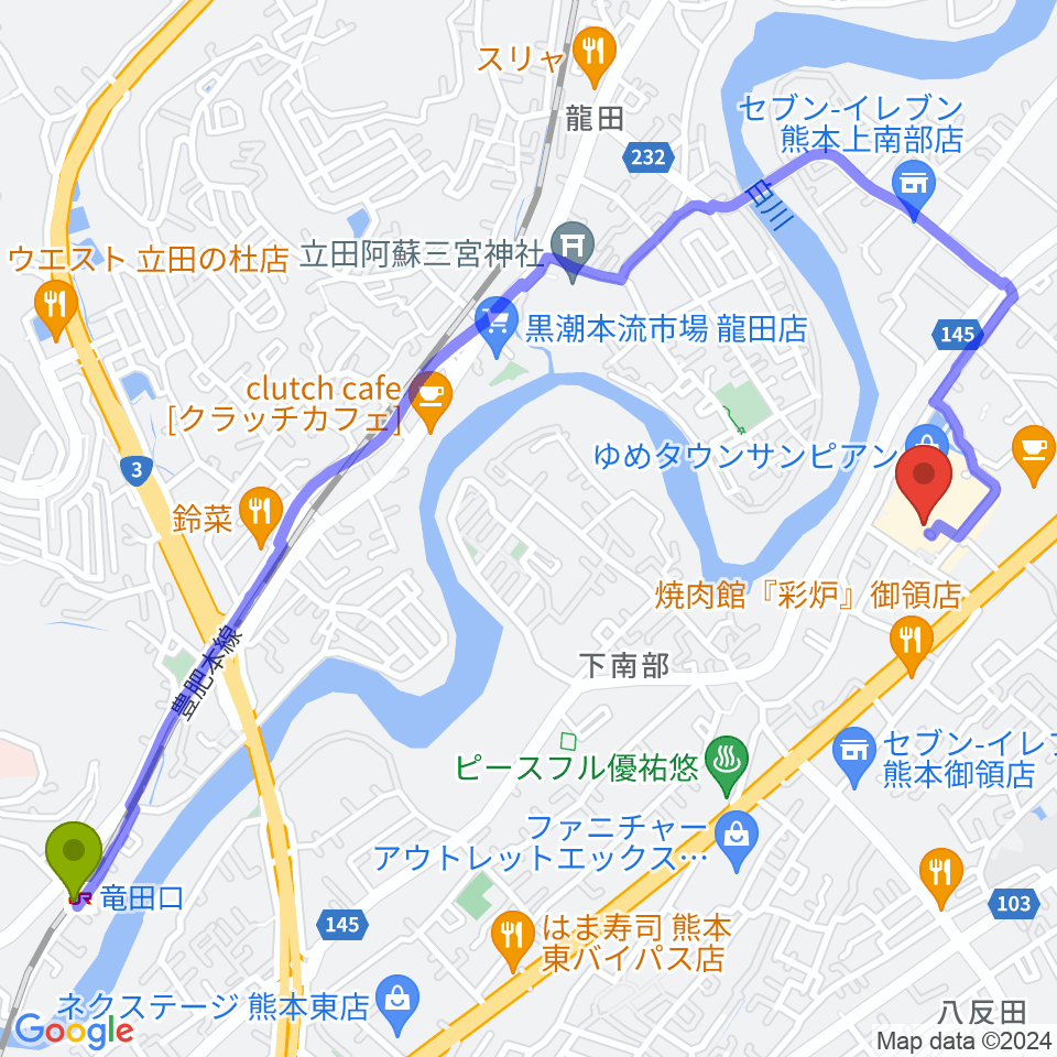 大谷楽器店 サンピアン教室の最寄駅竜田口駅からの徒歩ルート（約28分）地図