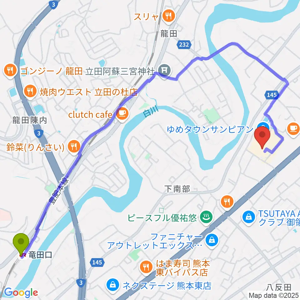 大谷楽器店 サンピアン教室の最寄駅竜田口駅からの徒歩ルート（約28分）地図