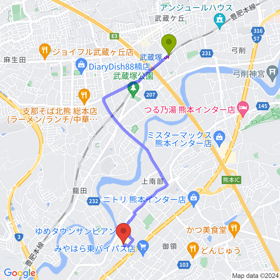 武蔵塚駅から大谷楽器店 サンピアン教室へのルートマップ地図